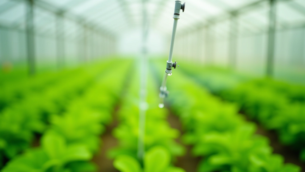Automaatne kastmissüsteem, kus vesi voolab taimeridadele, kasvuhoone sisevaade