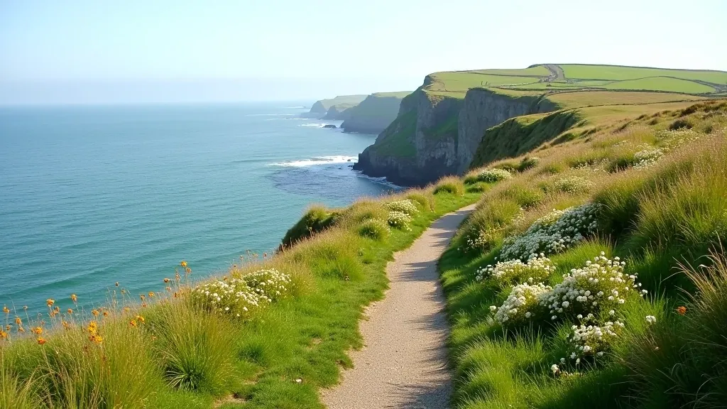 Coastal walking path along green grass with sea visible on both sides