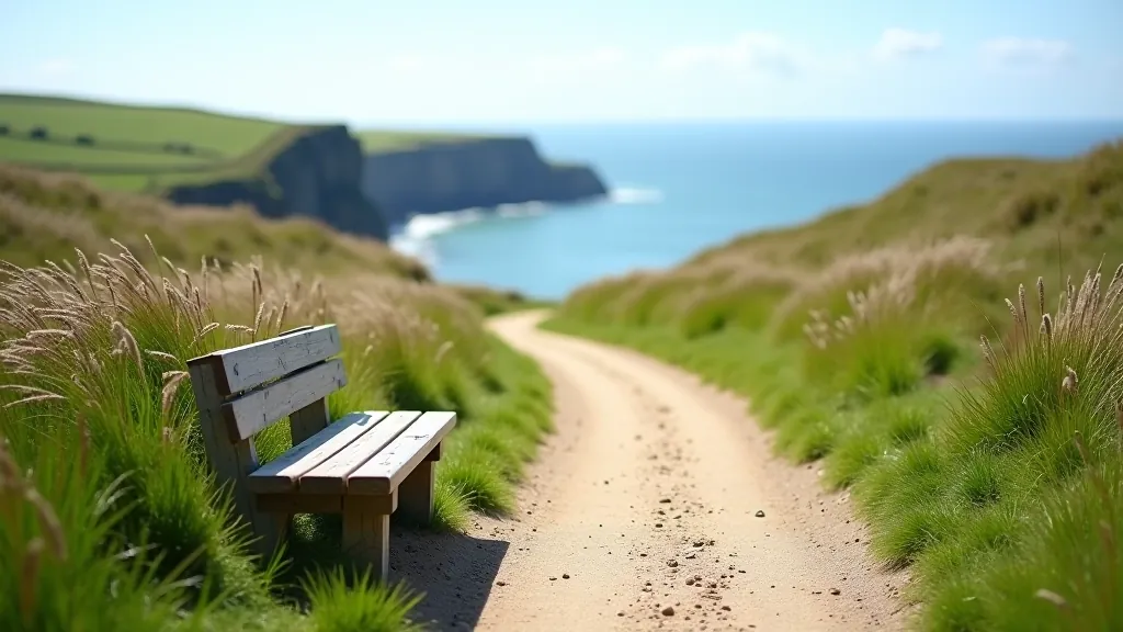 Close-up view of well-maintained coastal walking path with benches, clear markings, and sea views