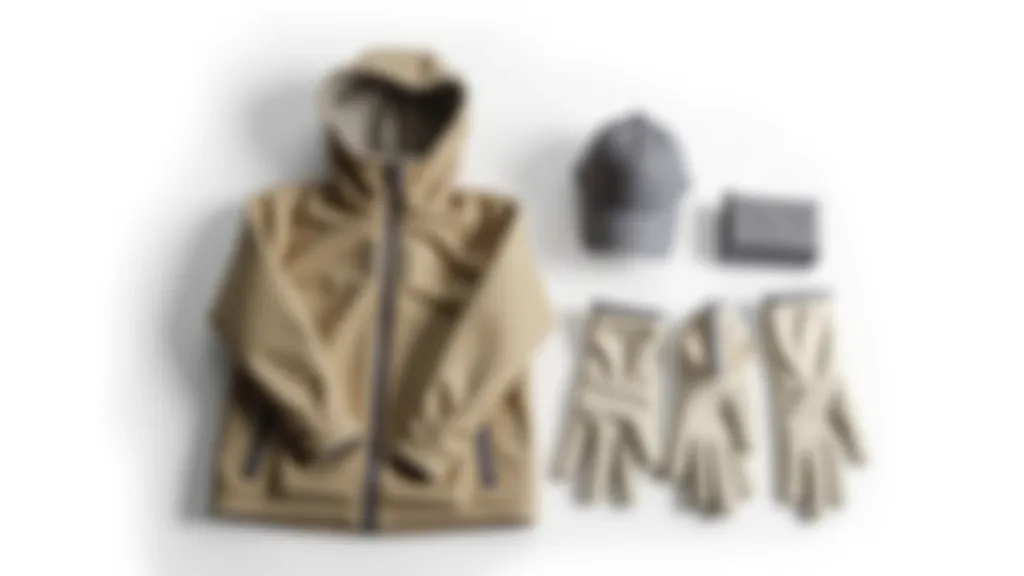 Folded lightweight waterproof jacket and accessories arranged on a neutral background with walking gear