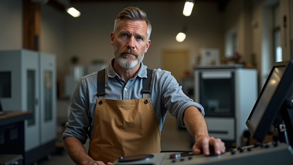 Käsitöötaja töötas CNC-masina juurde ja jälgib detaili lõikamist täpsusega