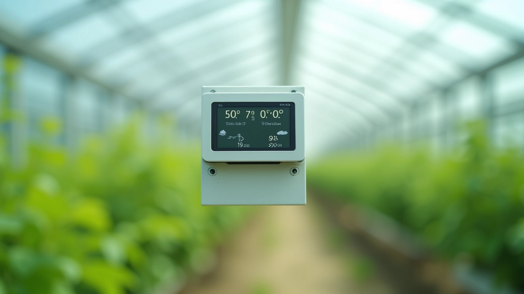 Ilmasensor, mis mõõdab temperatuuri ja õhuniiskust, paigutatud kasvuhoone seinalehele