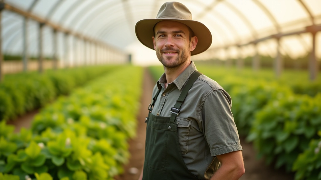 Kohalik põllumees, kes näitab sensori andmeid tahvlil oma kasvuhoone juures