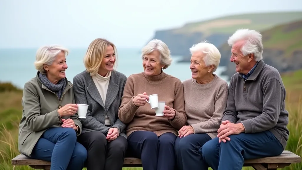 Group of five older adults sitting together on a bench after their walk, laughing and having tea, coastal scenery behind them