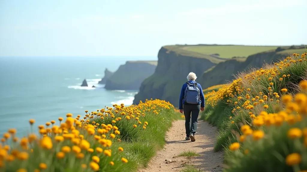 Coastal cliff path with wildflowers and sea views