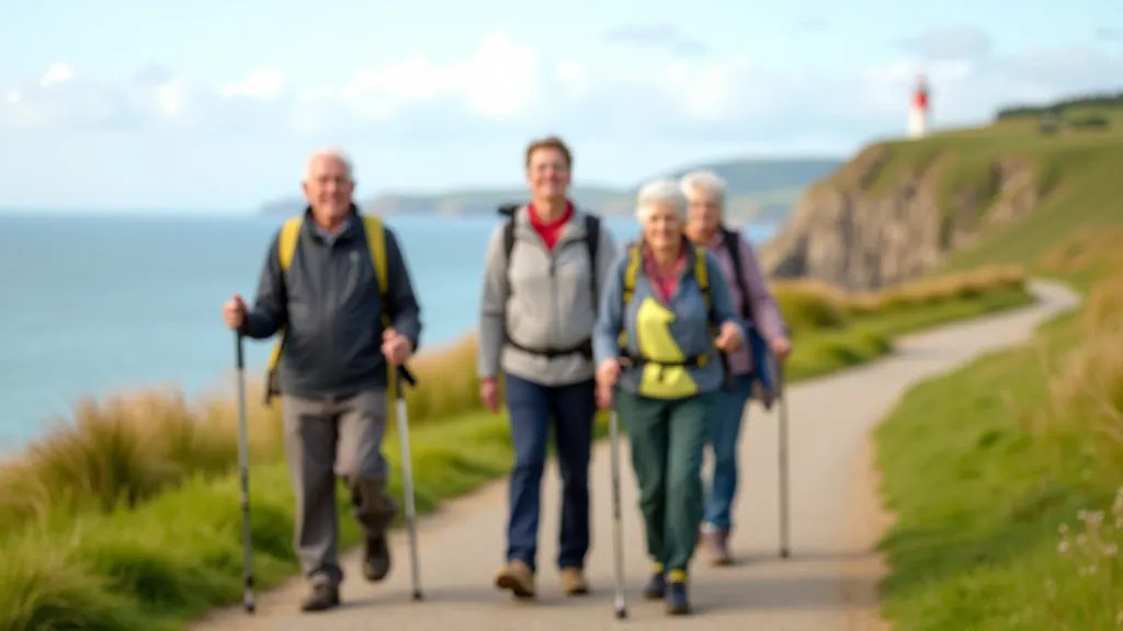 Group of older adults walking together on accessible coastal path with walking poles