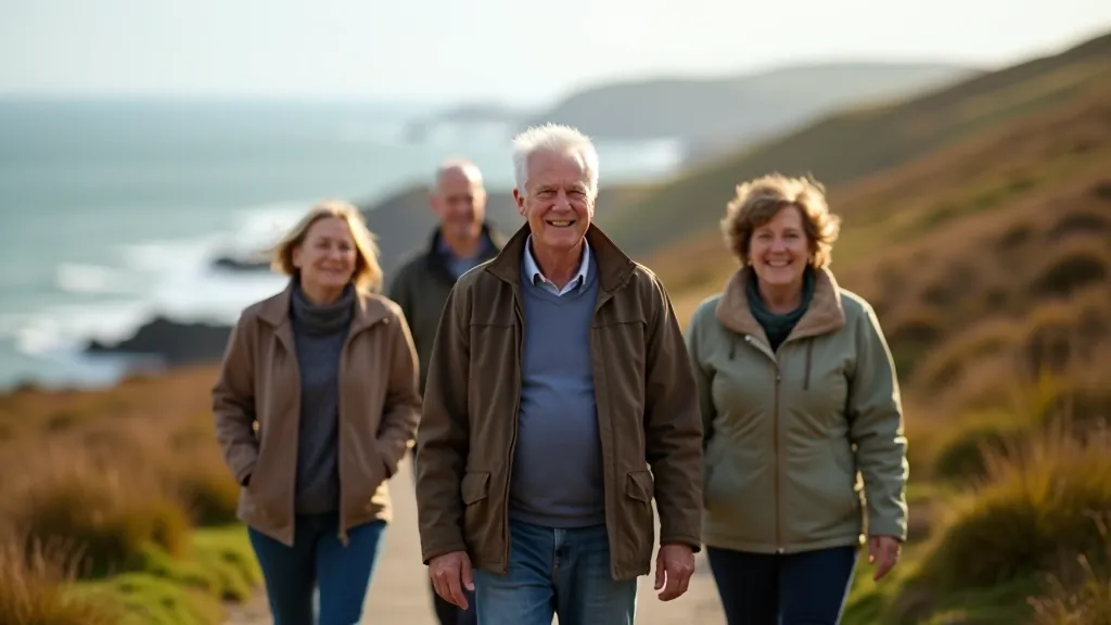 Group of older adults walking together on a peaceful coastal path, chatting and enjoying the scenery