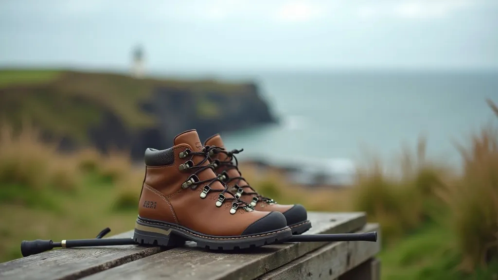 Hiking boots and walking stick ready for a coastal adventure