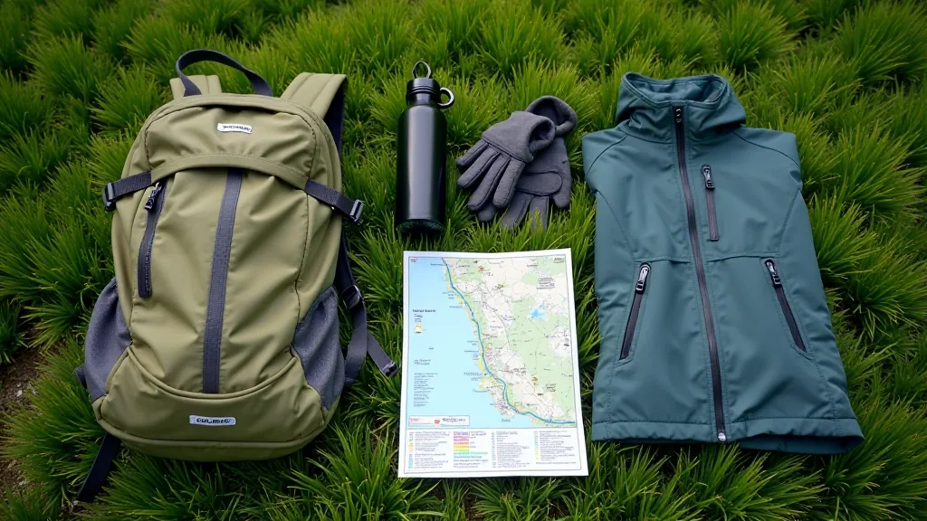 Close-up of outdoor gear arranged neatly: a backpack, water bottle, walking gloves, and rain jacket on grass