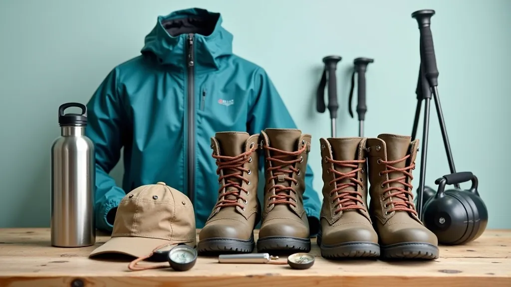 Weather-appropriate walking gear including waterproof jacket, hat, and sturdy shoes laid out