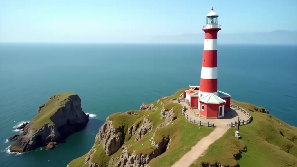 Red and white striped lighthouse tower on rocky coastal promontory with ocean and cliffs in background, Ireland