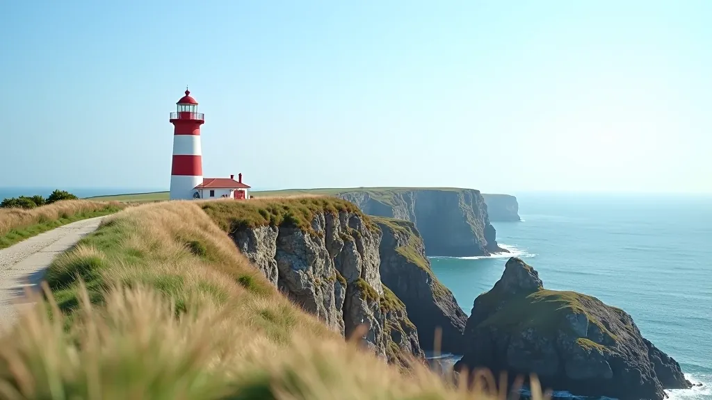 Historic red and white striped lighthouse on a rocky coastal point