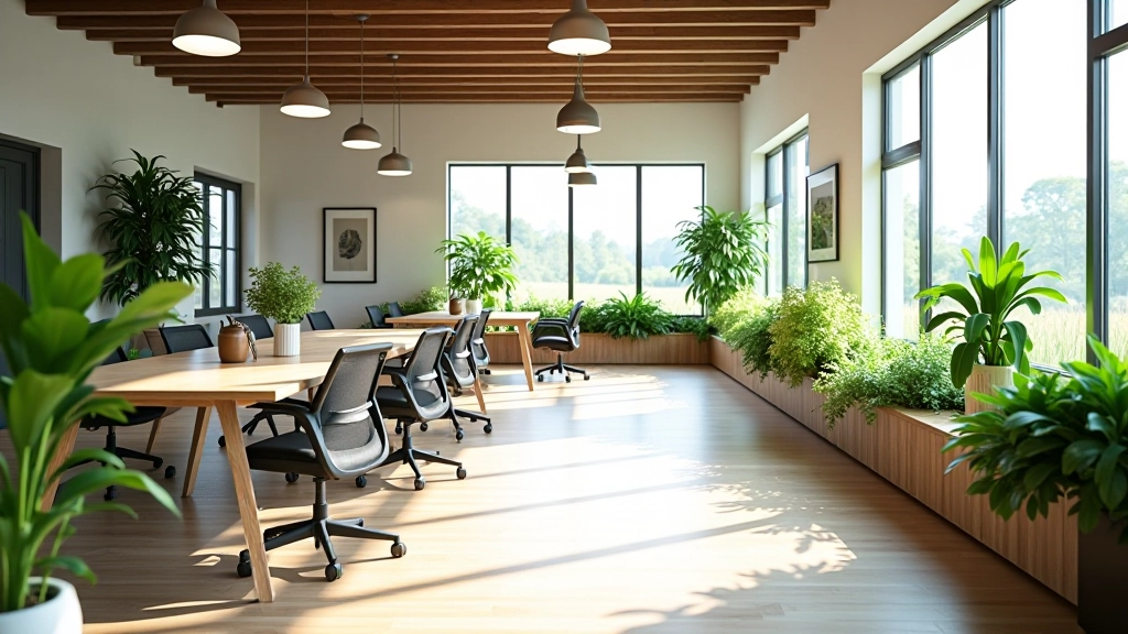 Koostöökeskuse sisemus, kus näeb mitmeid töölaudu, rohelisi taimi ja suuri aknaid