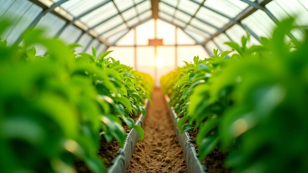 Kasvuhoonest, kus kasvavad roheline paprika ja taimkatte seemed ridadesse