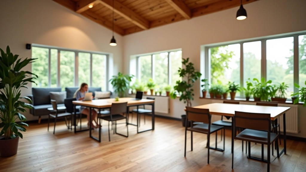 Kaasaegne külakeskuse interjöör, kus nähtavad arvutid ja koostöö ruumid