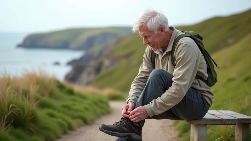 Older adult tying their walking shoe on a wooden bench before a walk, with a coastal path visible in the background