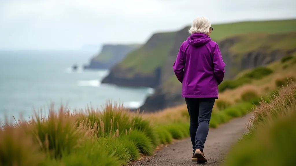 Older adult in colorful jacket walking along peaceful coastal path with ocean and cliffs visible
