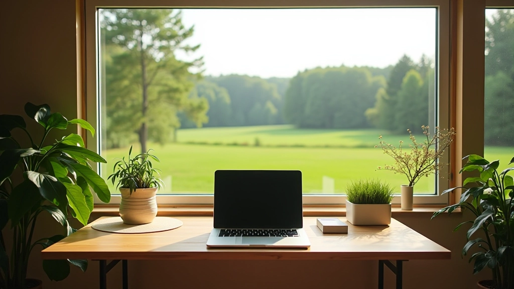 Maale paigutatud arvutilaud akna ees, millest paistab rohekas maaelu maastik