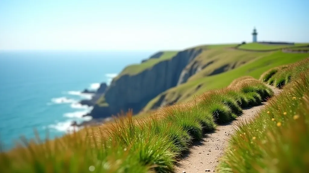 Coastal path winding along green cliffs above blue Atlantic Ocean, with distant lighthouse visible on rocky headland