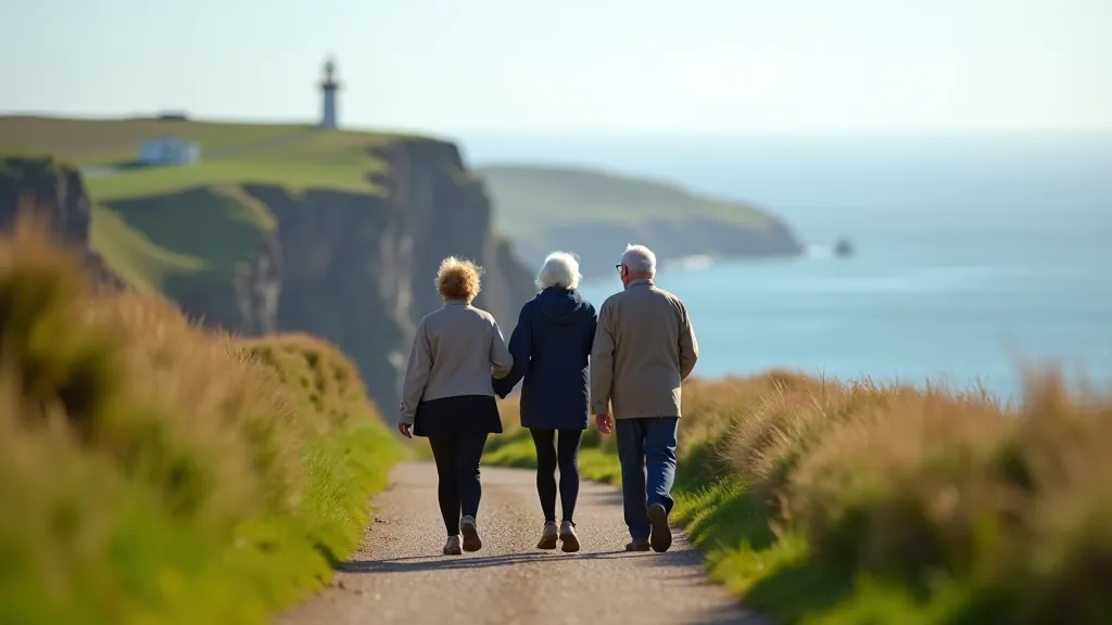 Group of adults walking along coastal clifftop path