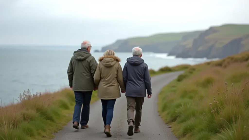 Three people walking together on a coastal path with cliffs visible, pointing and discussing something they see