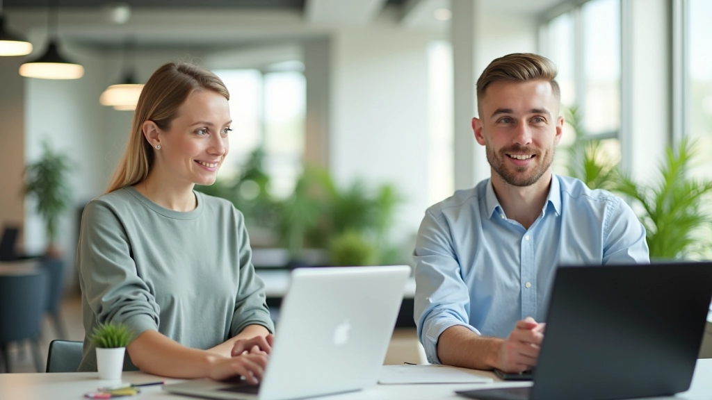 Kahe inimese koosviibimine koostöökeskuses, kus neid näeb arvutis töötavat ja vestlevat