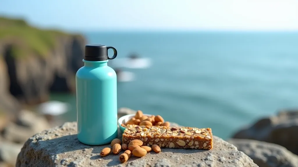 Reusable water bottle and energy snacks like nuts and fruit bars placed on a rocky coastal outcrop with sea view