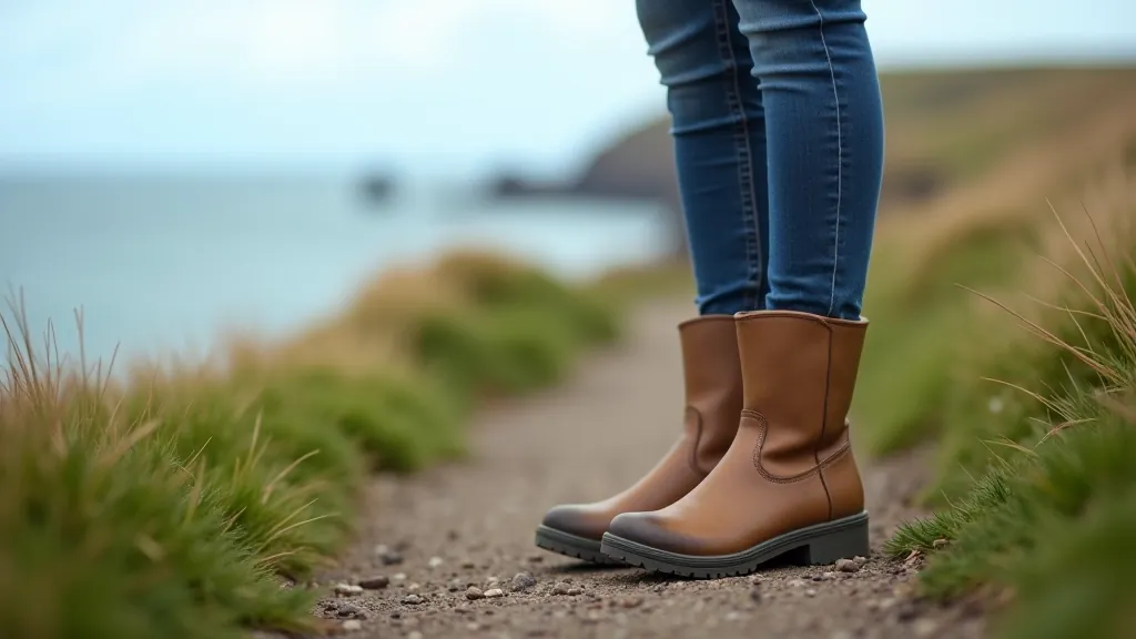 Woman wearing sturdy waterproof walking boots standing on a coastal path with grass and ocean in the background